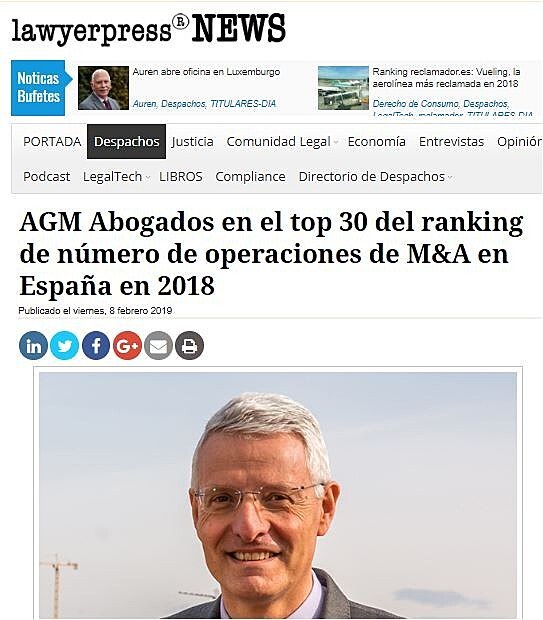 AGM Abogados en el top 30 del ranking de nmero de operaciones de M&A en Espaa en 2018